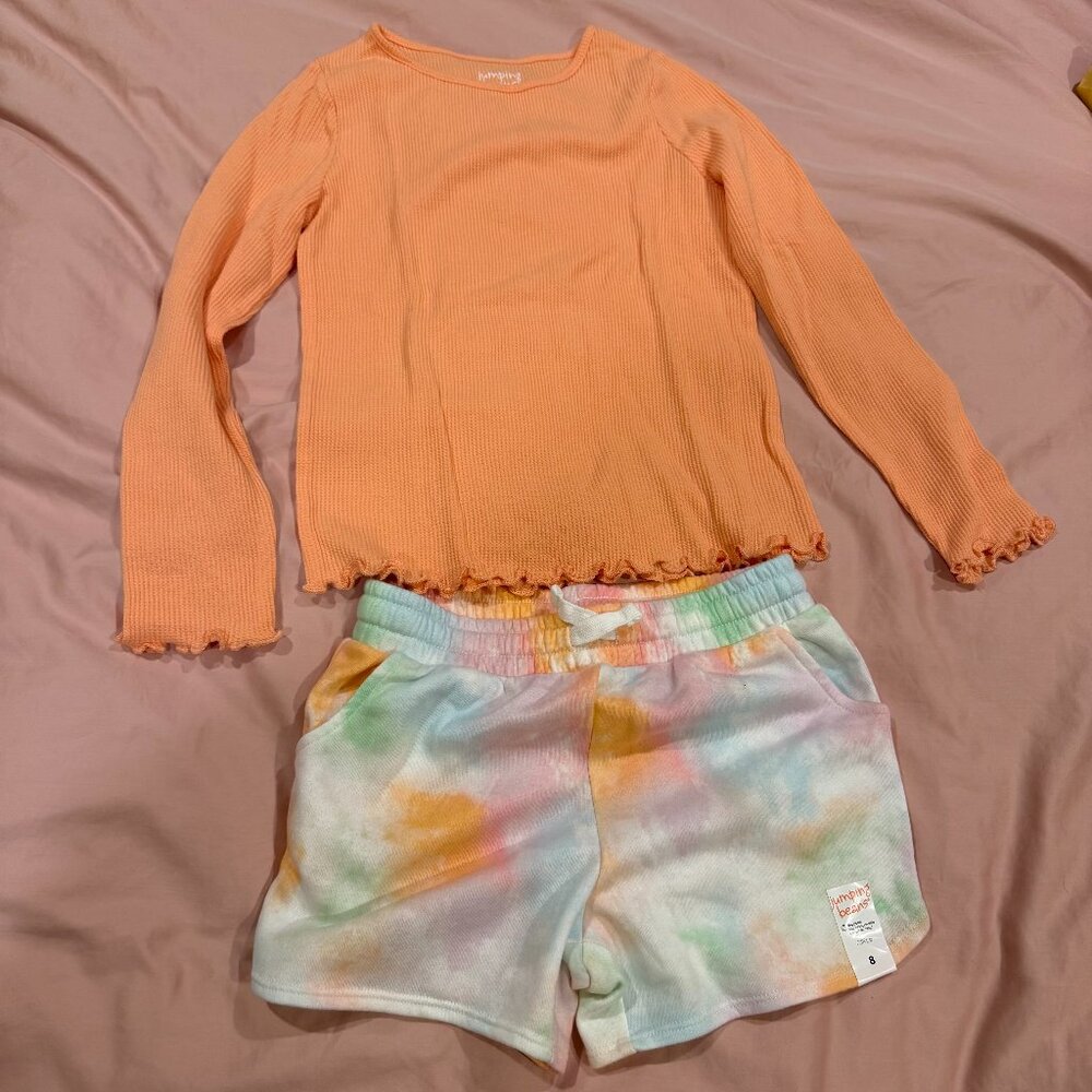 Jumping beans 2 piece set, long sleeve orange shirt and tie-dye shorts, Size 8